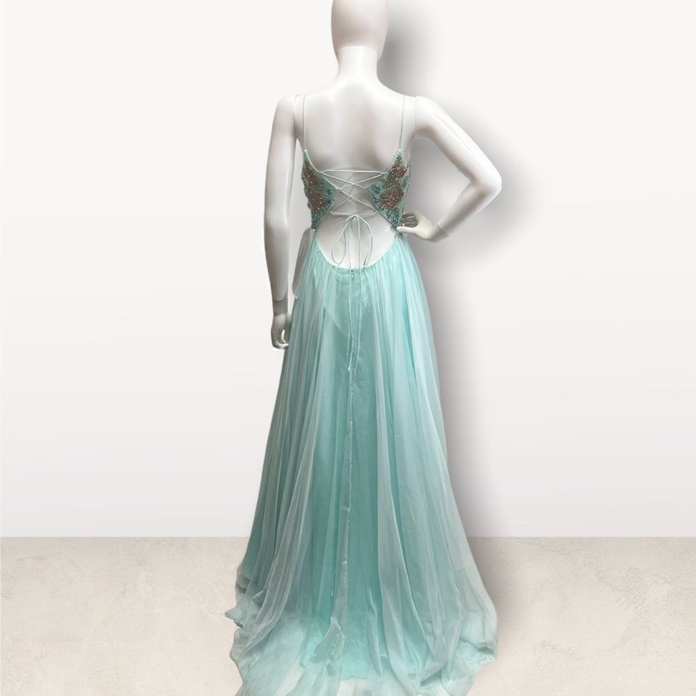 Mac Duggal Light Blue Embellished Tulle Evening Gown Lace Up Back Slit Dress - Picture 7 of 8